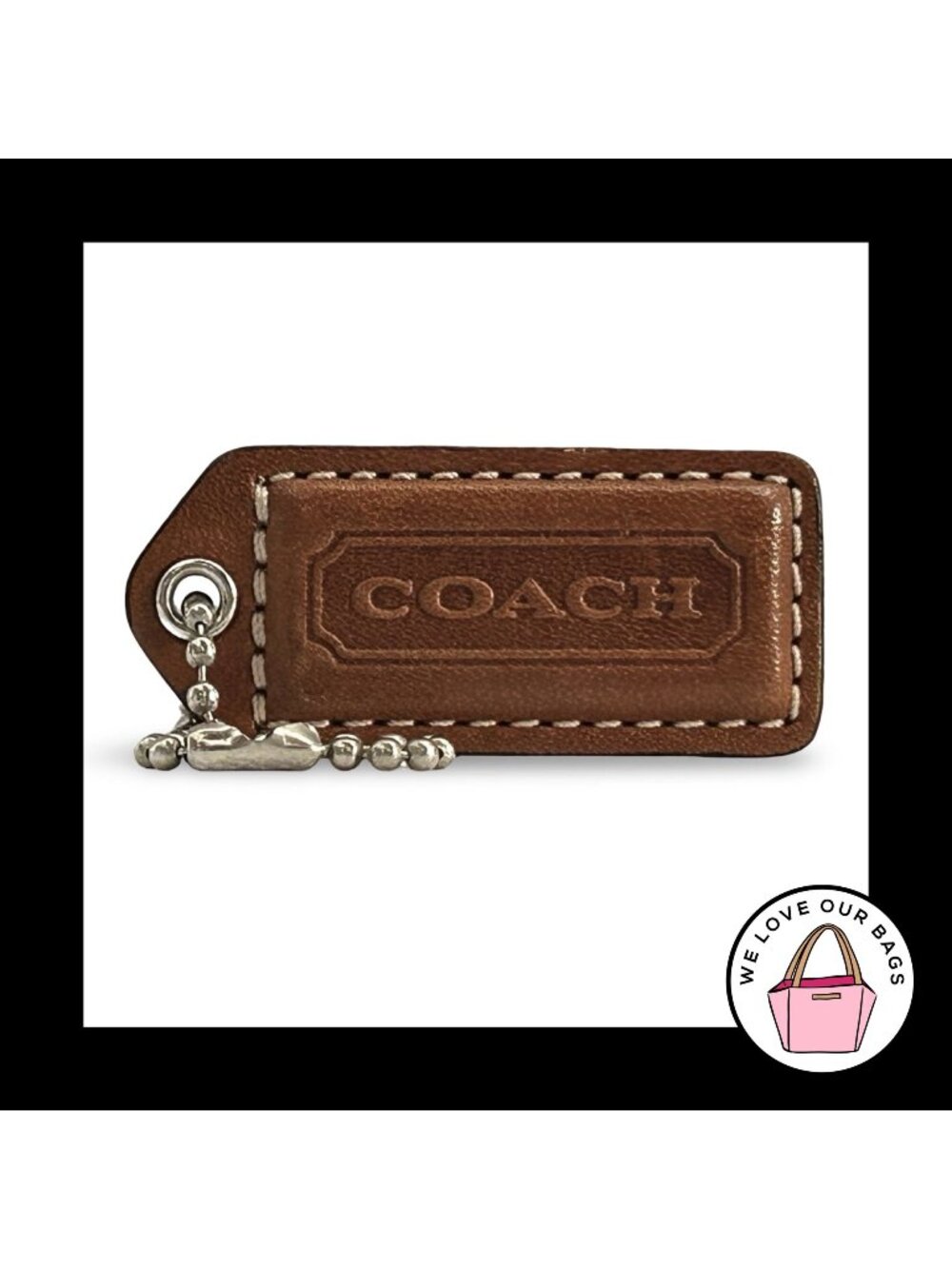 COACH Y2K VINTAGE Hang Tag 2" Brown Leather Bag Charm Keychain Fob Nickel Medium